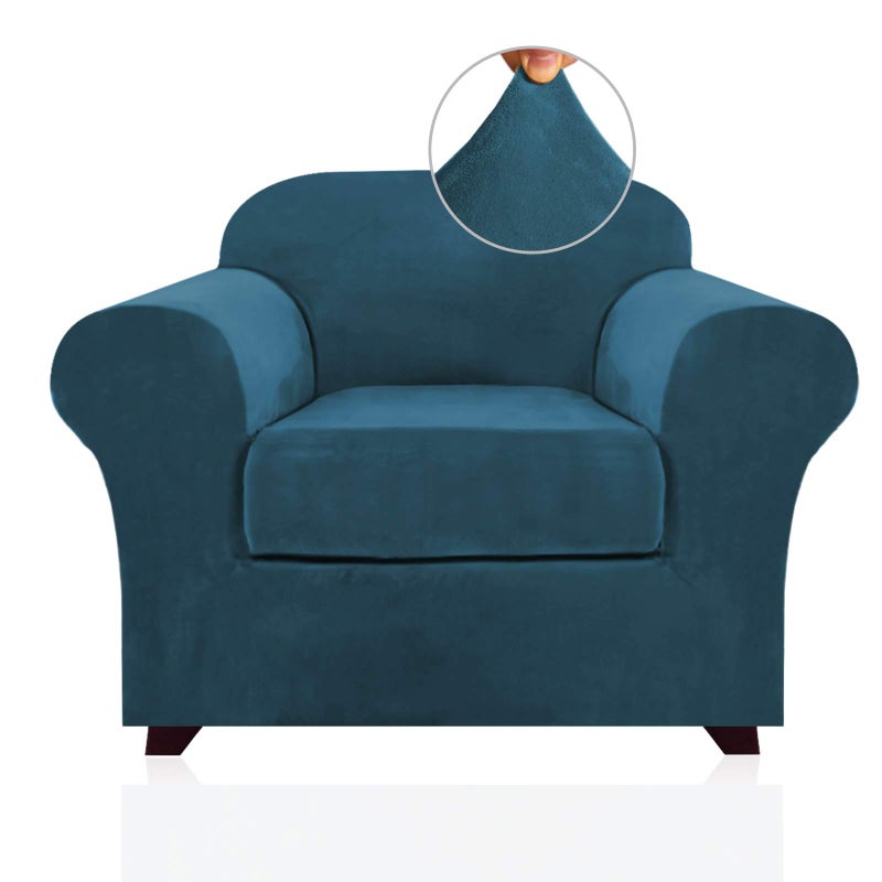 PrinceDeco Velvet Plush Couch Cover Stretch 2 Piece Chair Cover Chair Slipcover Washable Furniture Protector Couch Soft with Elastic Bottom Armchair Cover Width Up to 49 Inch(Small, Deep Teal) - Image 1